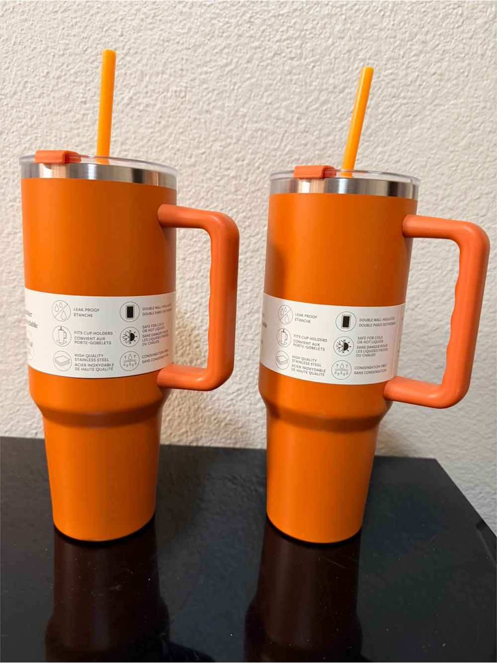 Set of 2- Ashland Orange Insulated Travel Mug Set with Handles and Straws